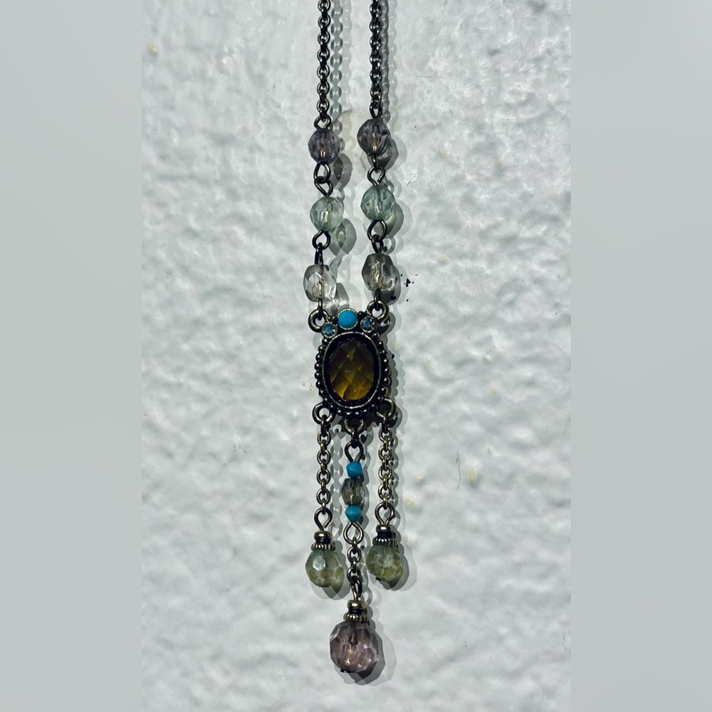 1928 Beaded Pendant Necklace in Amber and Teal